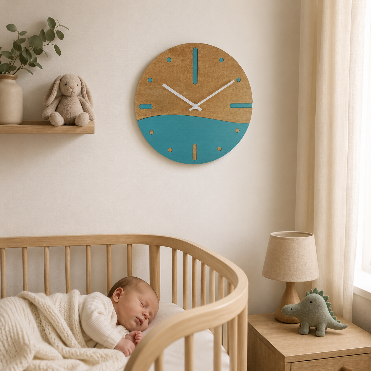 Orologio da parete Onda in legno 30 cm silenzioso e decorativo acquamarina