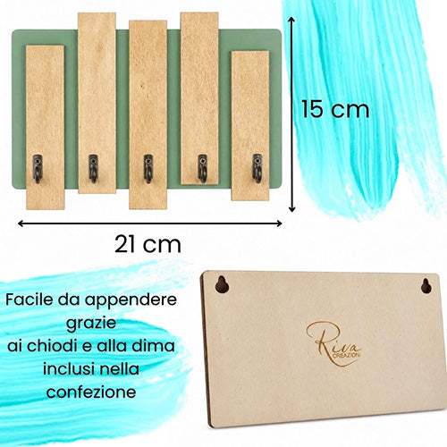 Appendichiavi da muro in legno con assi colorate e 5 ganci verde salvia