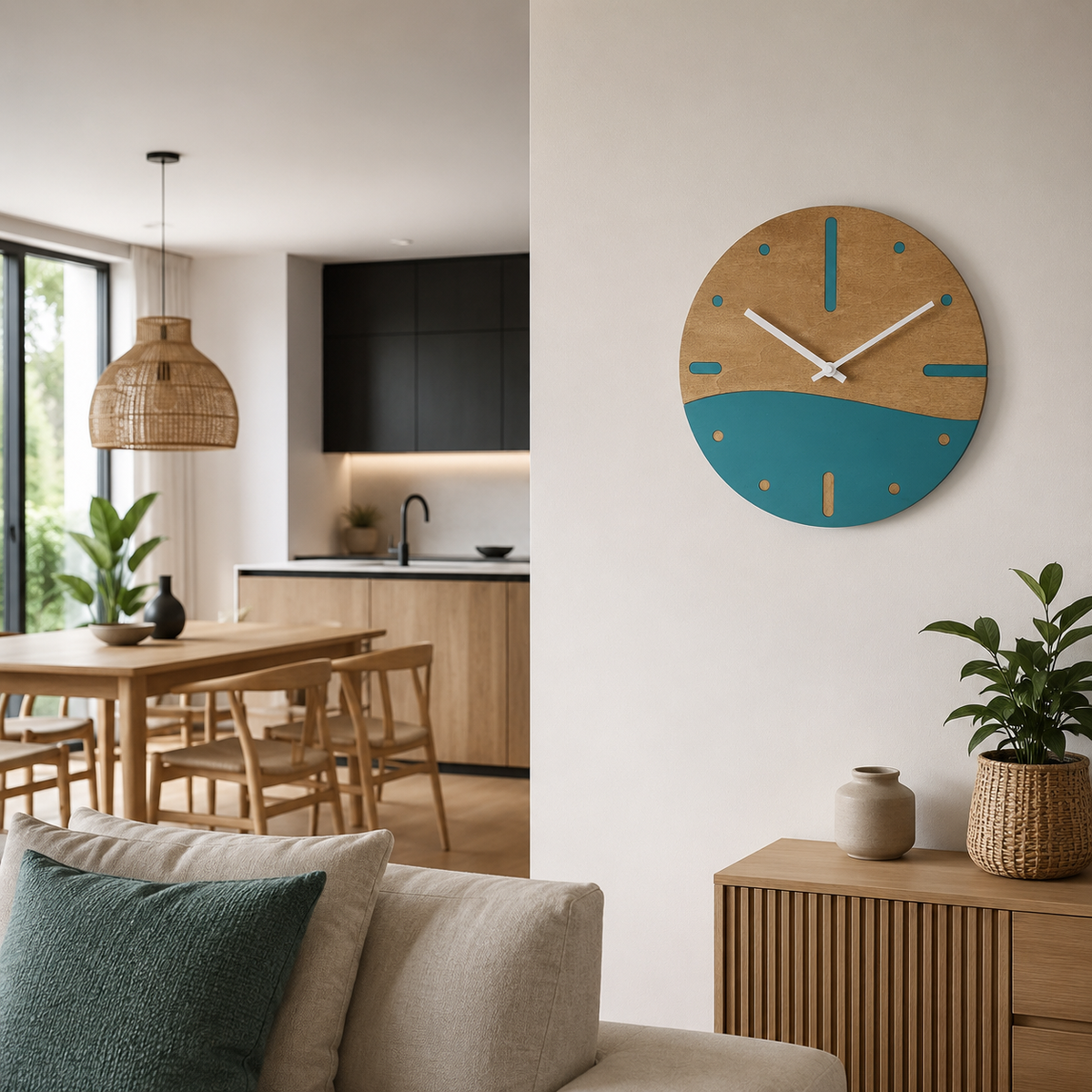 Orologio da parete Onda in legno 30 cm silenzioso e decorativo acquamarina