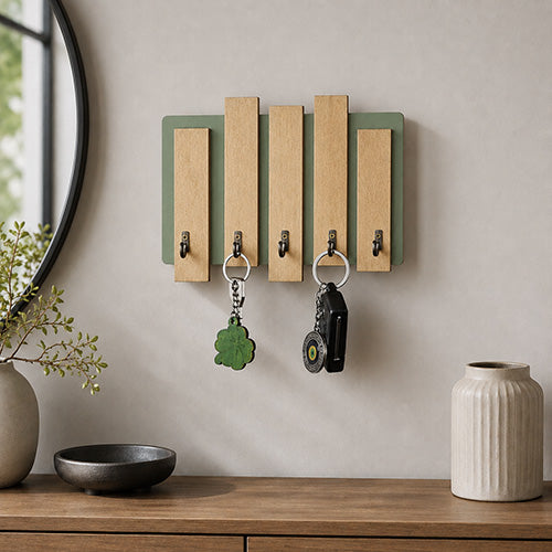 Appendichiavi da muro in legno con assi colorate e 5 ganci verde salvia