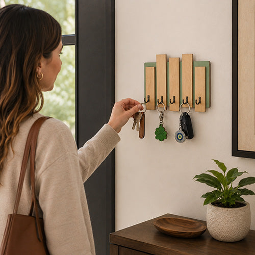 Appendichiavi da muro in legno con assi colorate e 5 ganci verde salvia