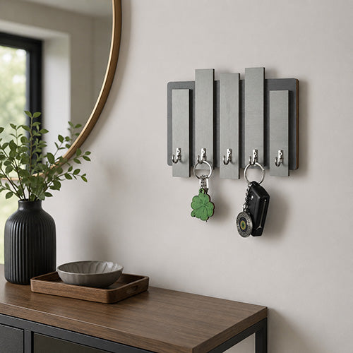 Appendichiavi da muro in legno con assi colorate e 5 ganci grigio