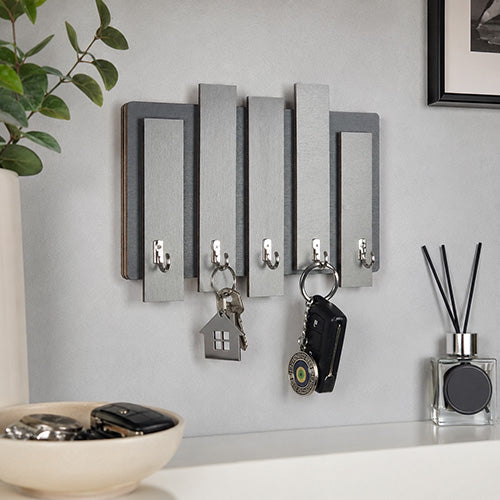 Appendichiavi da muro in legno con assi colorate e 5 ganci grigio