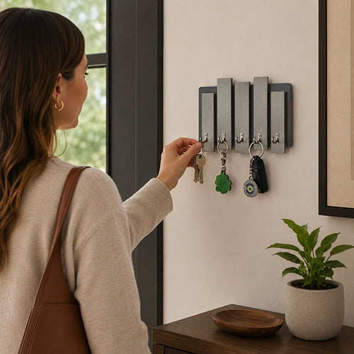 Appendichiavi da muro in legno con assi colorate e 5 ganci grigio
