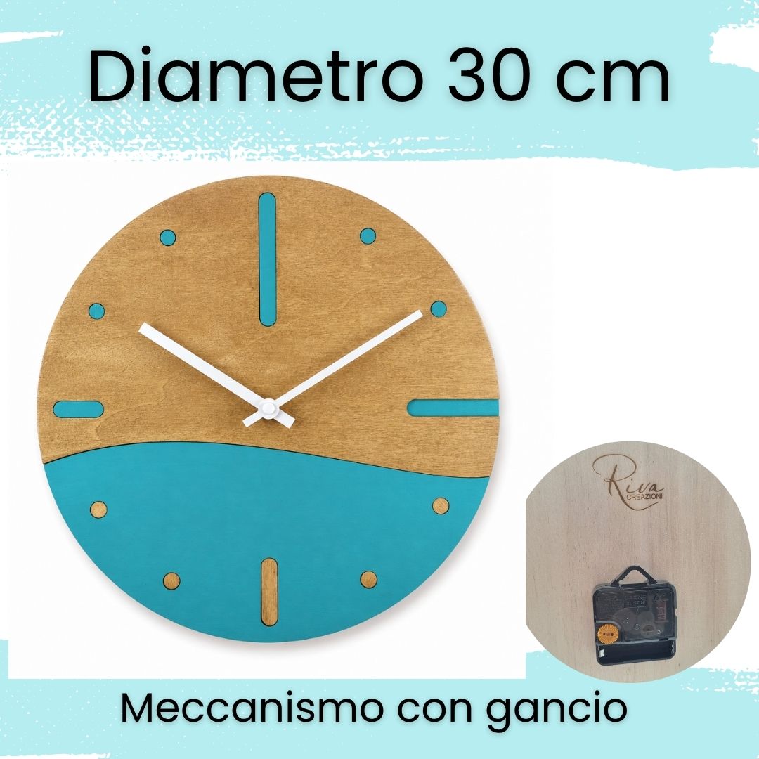 Orologio da parete Onda in legno 30 cm silenzioso e decorativo acquamarina