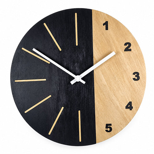 Orologio da muro in legno 30 cm bicolore artigianale silenzioso nero e noce chiaro